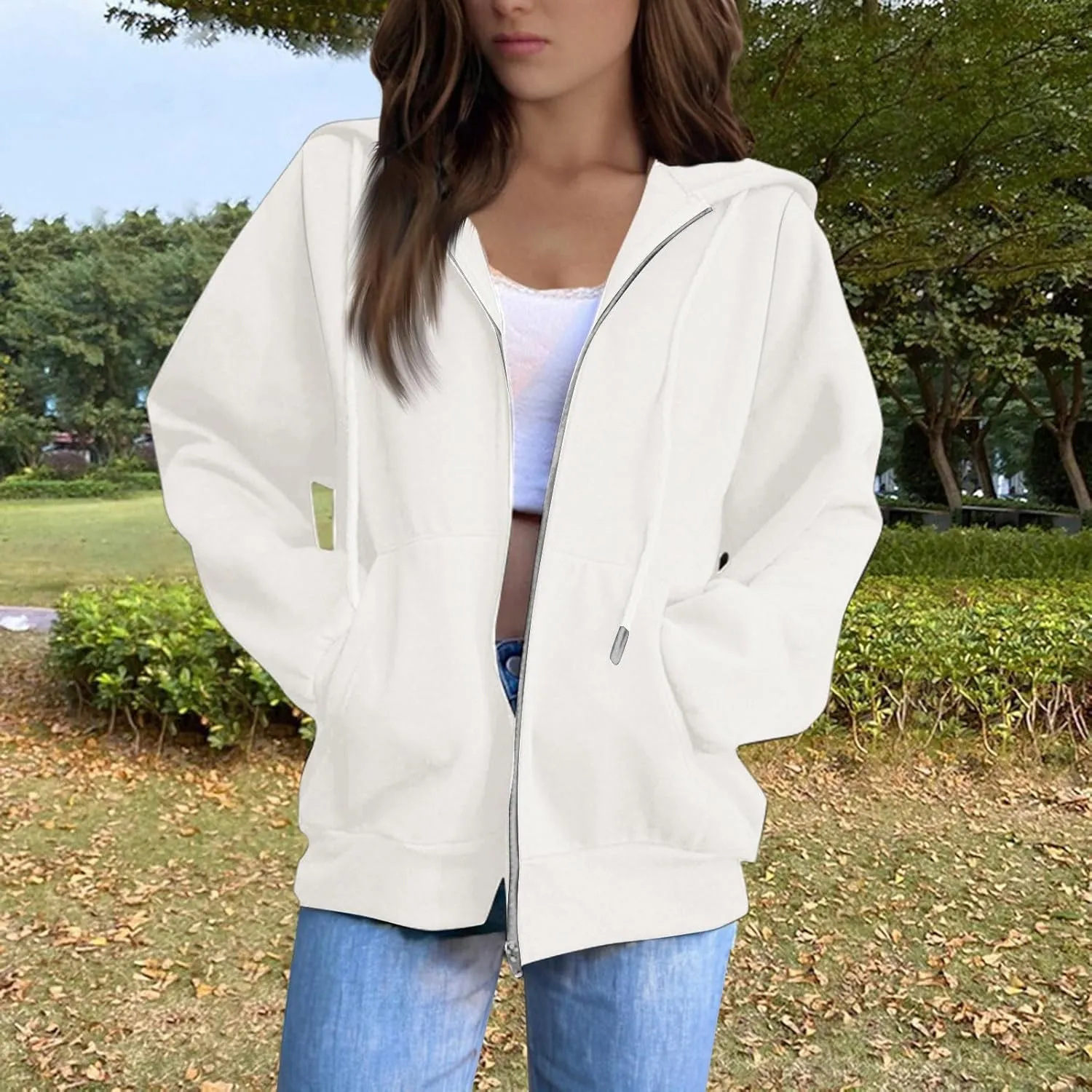 2025 Us Women'S Lightweight Casual Hooded Sweatshirts With Long Sleeves Pockets And Secure Zip Closure Oversized Thin Jacket