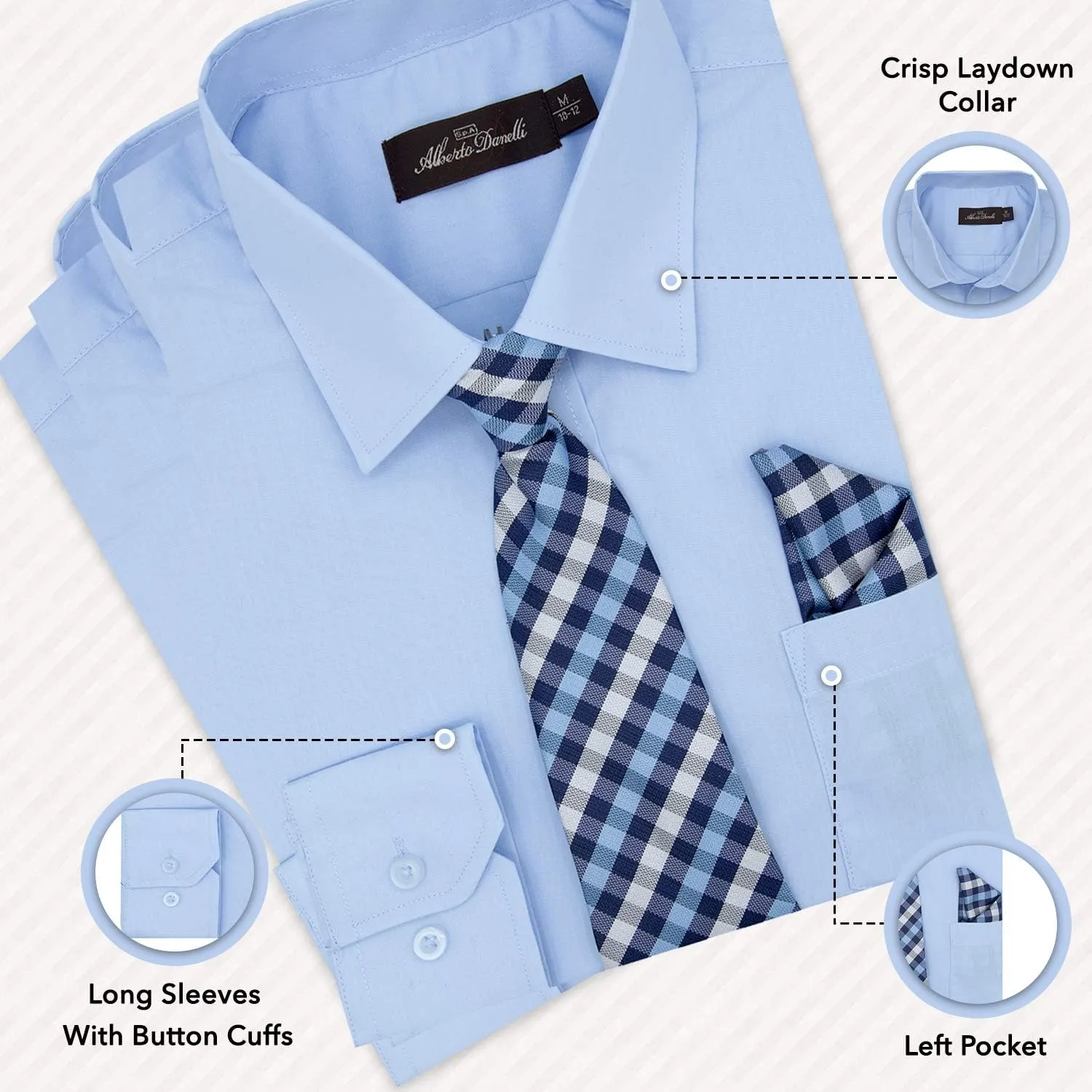 Alberto Danelli Boys Dress Shirt with Matching Tie and Handkerchief, Long Sleeve Button Down, Pocket