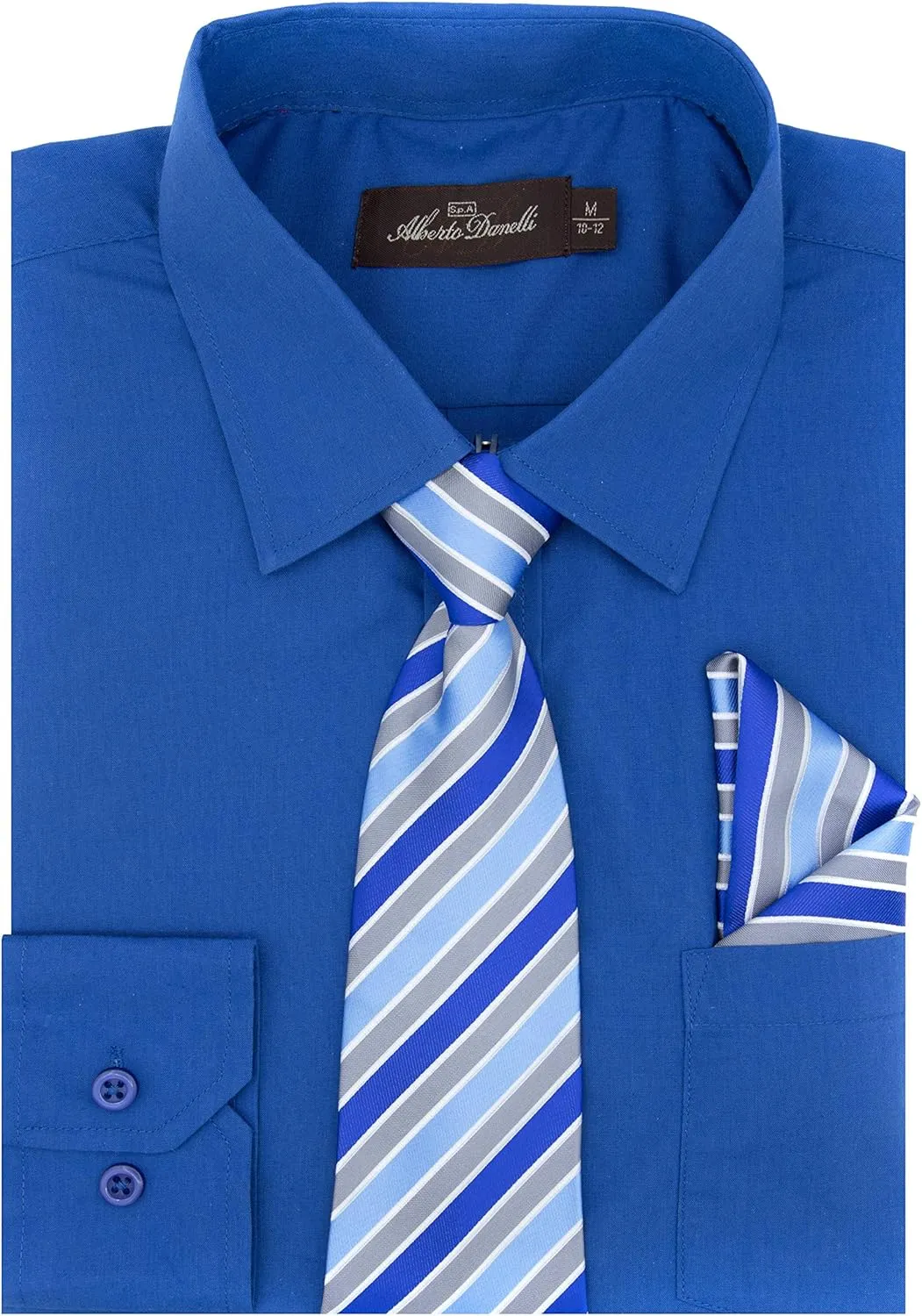 Alberto Danelli Boys Dress Shirt with Matching Tie and Handkerchief, Long Sleeve Button Down, Pocket