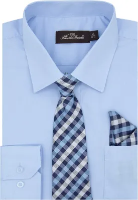 Alberto Danelli Boys Dress Shirt with Matching Tie and Handkerchief, Long Sleeve Button Down, Pocket