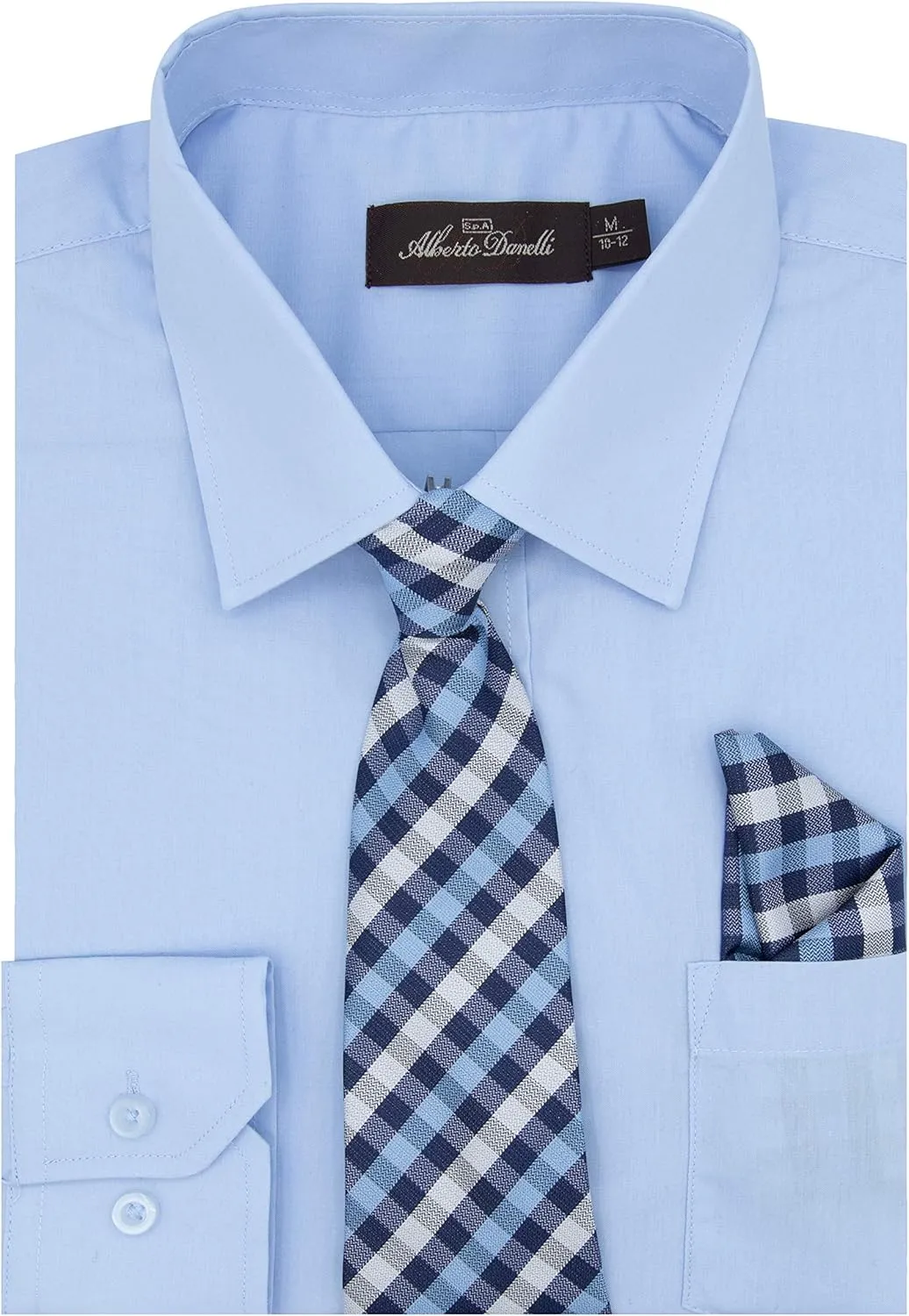 Alberto Danelli Boys Dress Shirt with Matching Tie and Handkerchief, Long Sleeve Button Down, Pocket