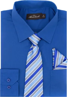 Alberto Danelli Boys Dress Shirt with Matching Tie and Handkerchief, Long Sleeve Button Down, Pocket