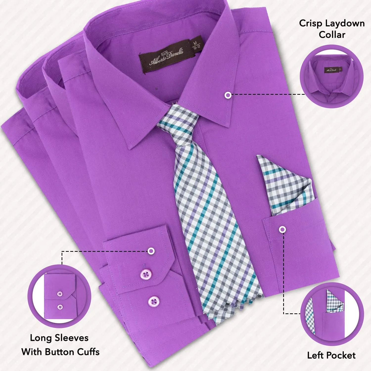 Alberto Danelli Boys Dress Shirt with Matching Tie and Handkerchief, Long Sleeve Button Down, Pocket