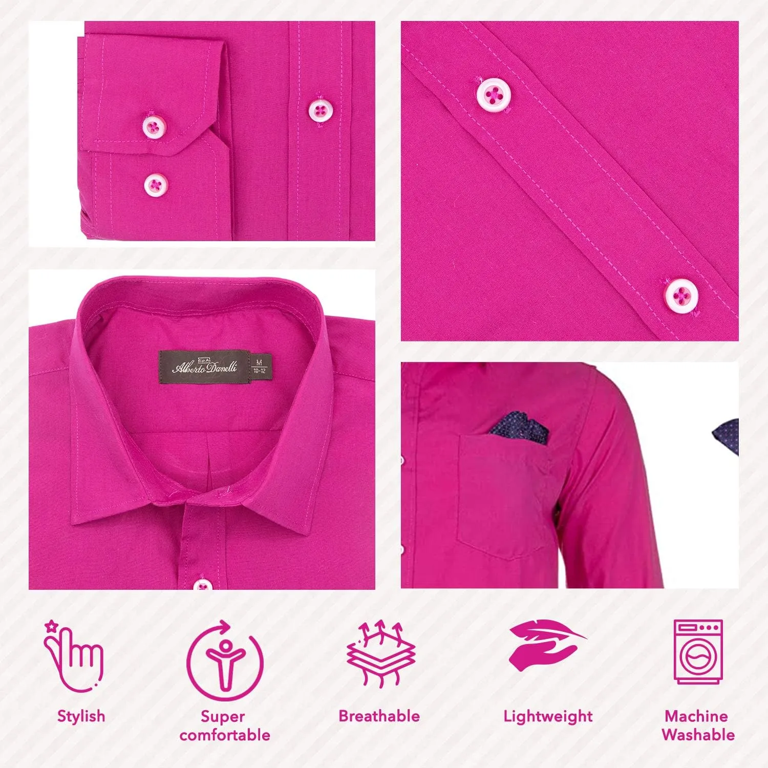 Alberto Danelli Boys Dress Shirt with Matching Tie and Handkerchief, Long Sleeve Button Down, Pocket