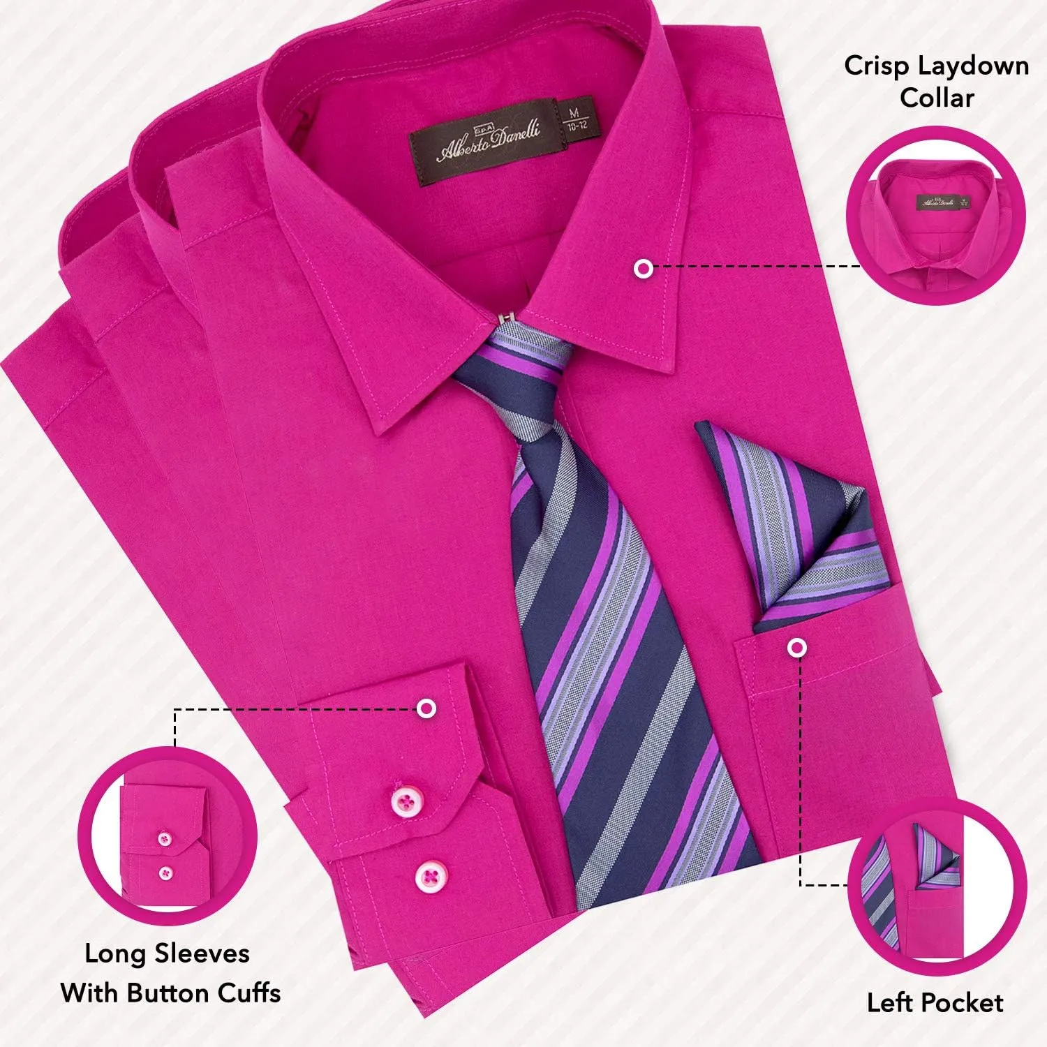 Alberto Danelli Boys Dress Shirt with Matching Tie and Handkerchief, Long Sleeve Button Down, Pocket