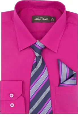 Alberto Danelli Boys Dress Shirt with Matching Tie and Handkerchief, Long Sleeve Button Down, Pocket