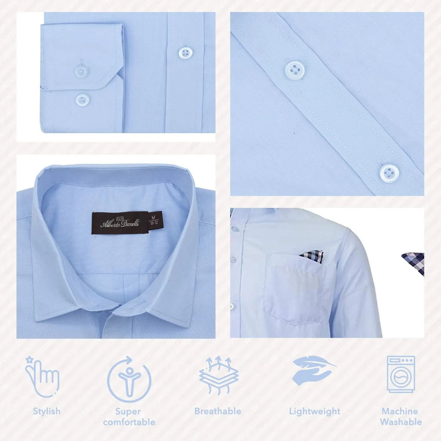 Alberto Danelli Boys Dress Shirt with Matching Tie and Handkerchief, Long Sleeve Button Down, Pocket