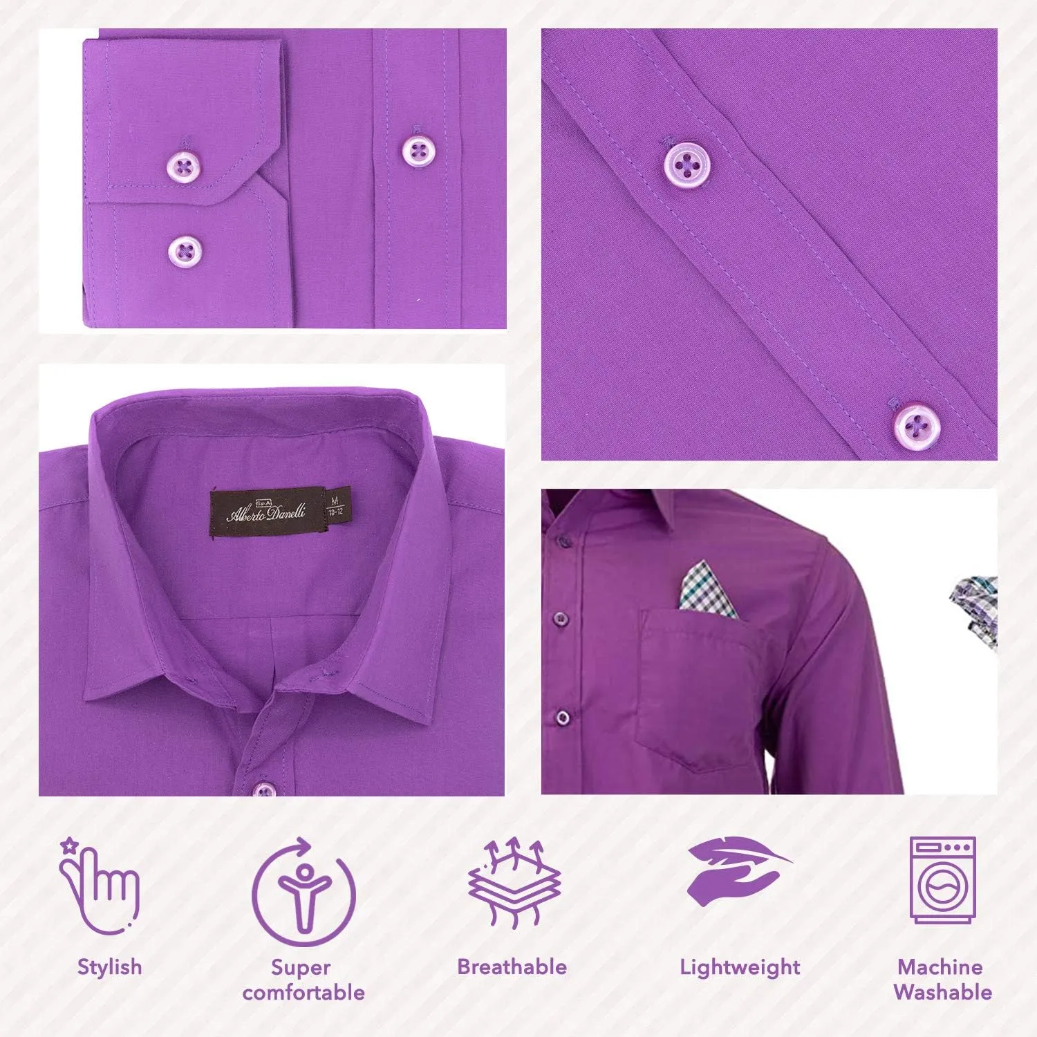 Alberto Danelli Boys Dress Shirt with Matching Tie and Handkerchief, Long Sleeve Button Down, Pocket