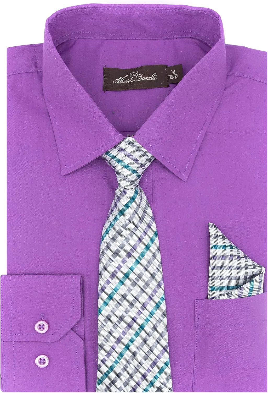 Alberto Danelli Boys Dress Shirt with Matching Tie and Handkerchief, Long Sleeve Button Down, Pocket