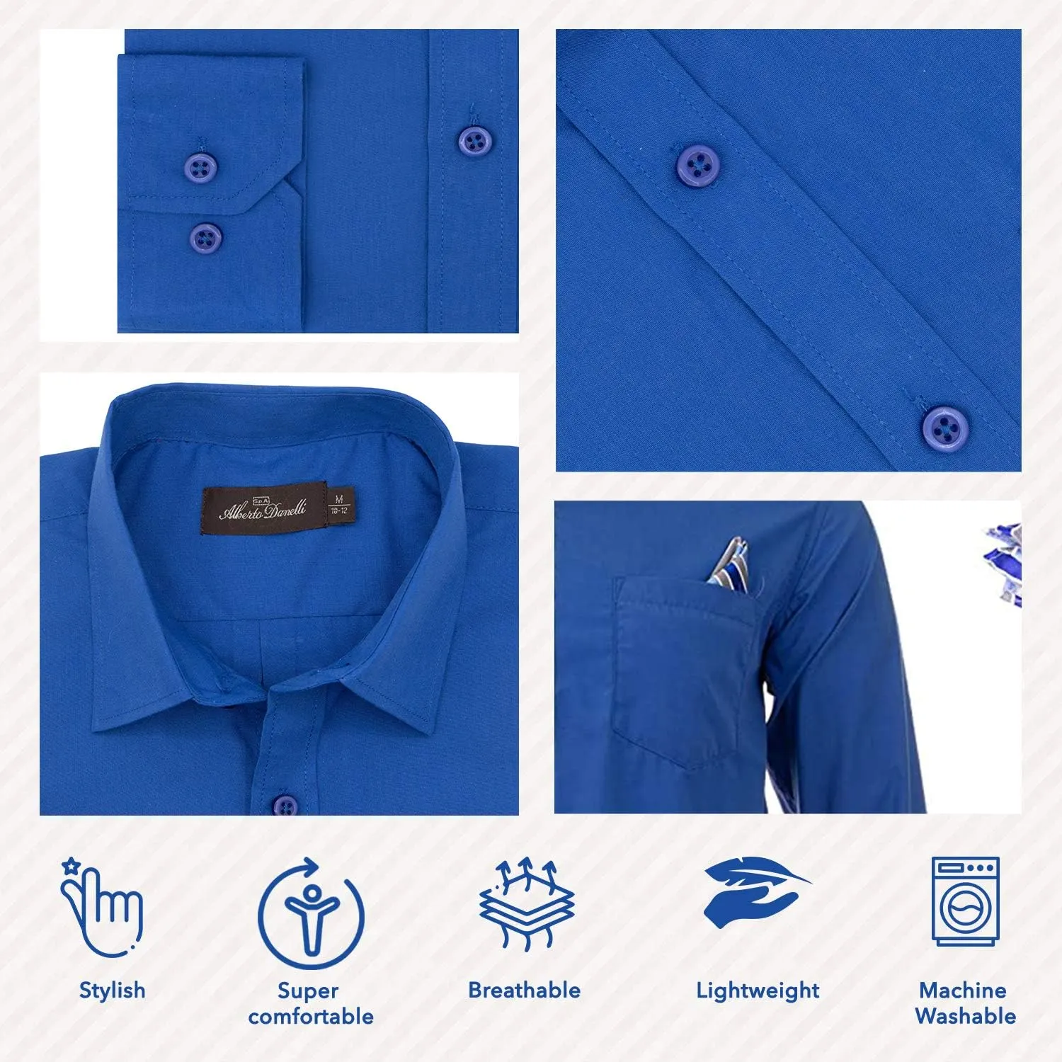 Alberto Danelli Boys Dress Shirt with Matching Tie and Handkerchief, Long Sleeve Button Down, Pocket