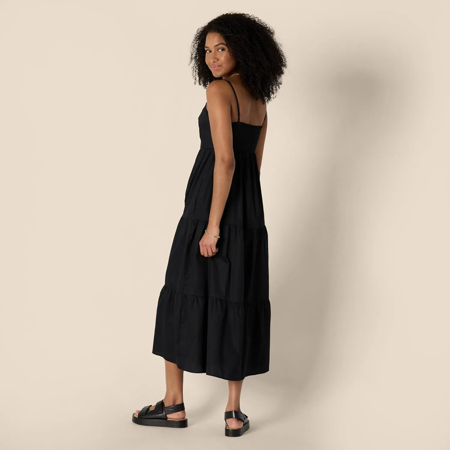 Amazon Essentials Women's Fit and Flare Empire Waisted Cotton Sateen Tiered Maxi Dress