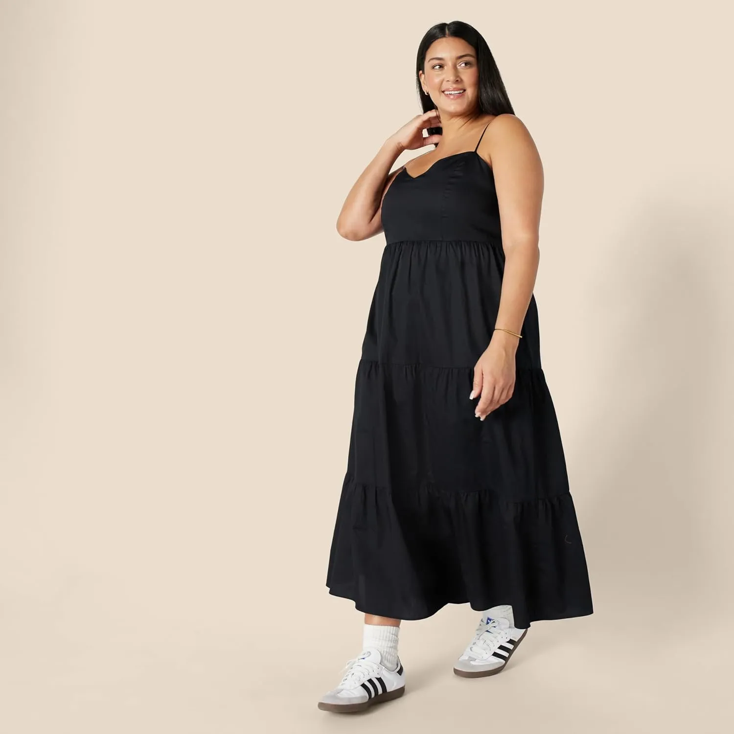 Amazon Essentials Women's Fit and Flare Empire Waisted Cotton Sateen Tiered Maxi Dress