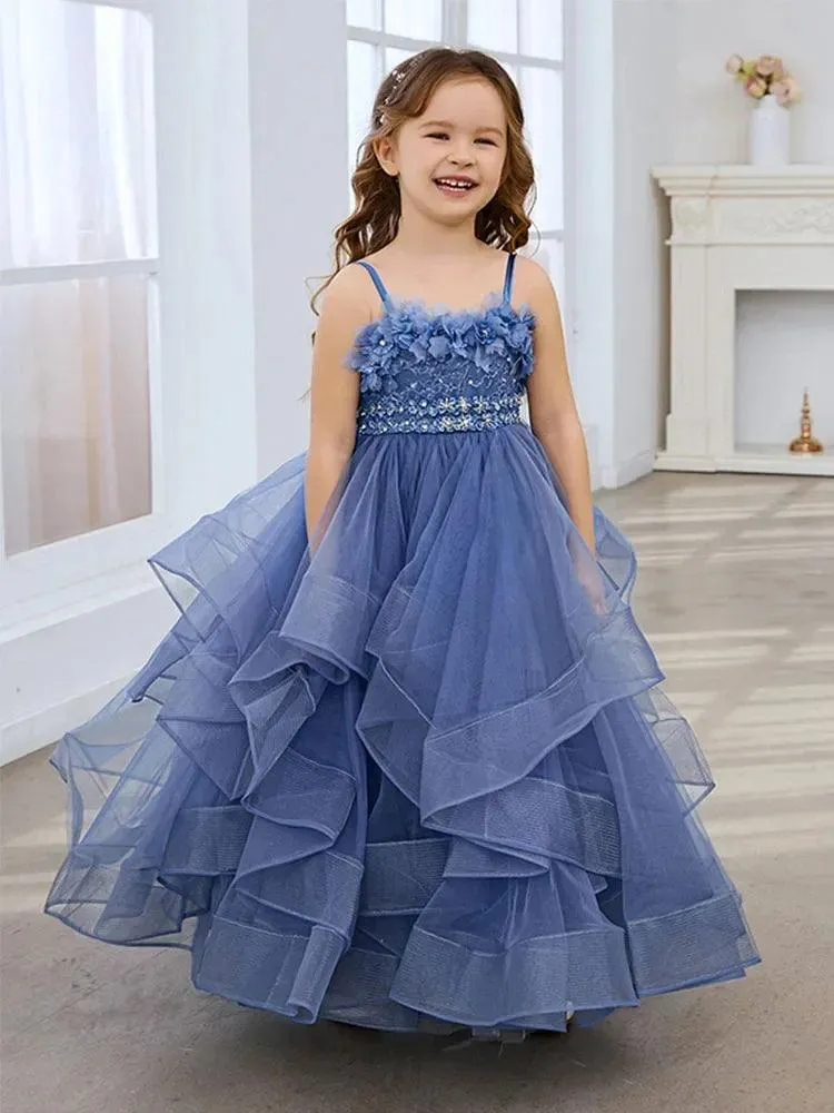 Blue Lace Tulle Flower Girl Dress - Spaghetti Straps