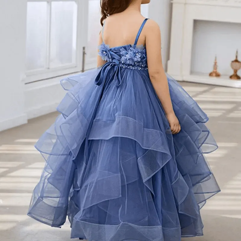 Blue Lace Tulle Flower Girl Dress - Spaghetti Straps