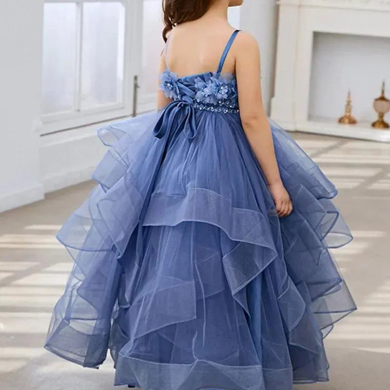 Blue Lace Tulle Flower Girl Dress - Spaghetti Straps