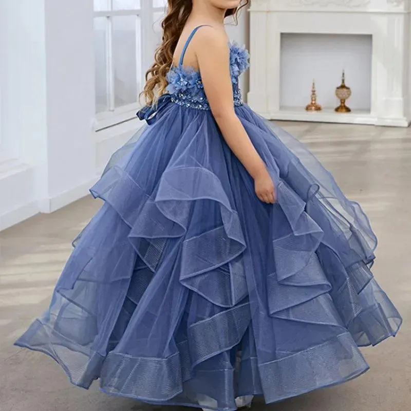 Blue Lace Tulle Flower Girl Dress - Spaghetti Straps