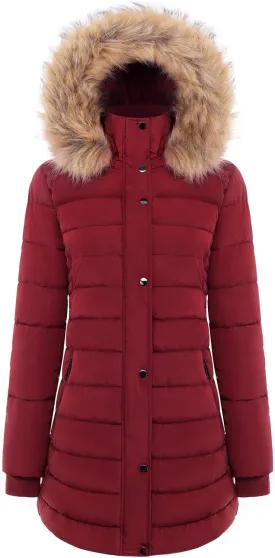 BodiLove Women's Winter Quilted Puffer Long Coat Jacket Plus Size with Removable Faux Fur Hood and Zipper