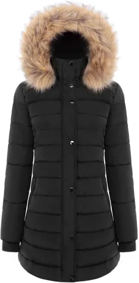 BodiLove Women's Winter Quilted Puffer Long Coat Jacket Plus Size with Removable Faux Fur Hood and Zipper