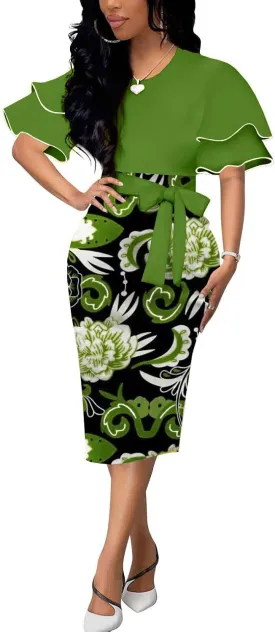 BOGURST Women Wave Short Sleeve Pencil Dress Fashion A-Line Bodycon Church Dresses