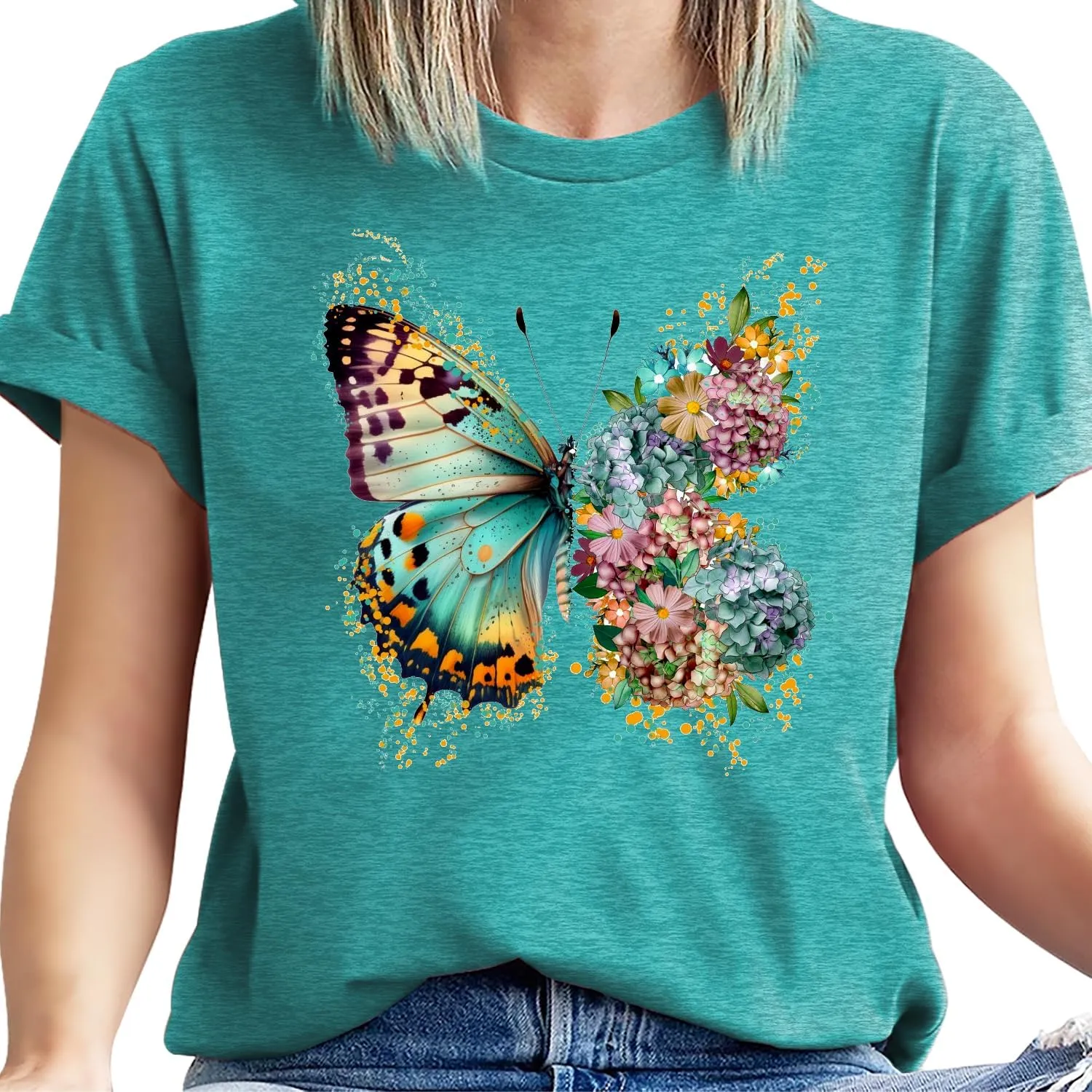 Butterfly Shirts for Women Vintage Floral Tee Shirt Butterfly Graphic Tops Womens Vacation T-Shirt Nature Lover Tee