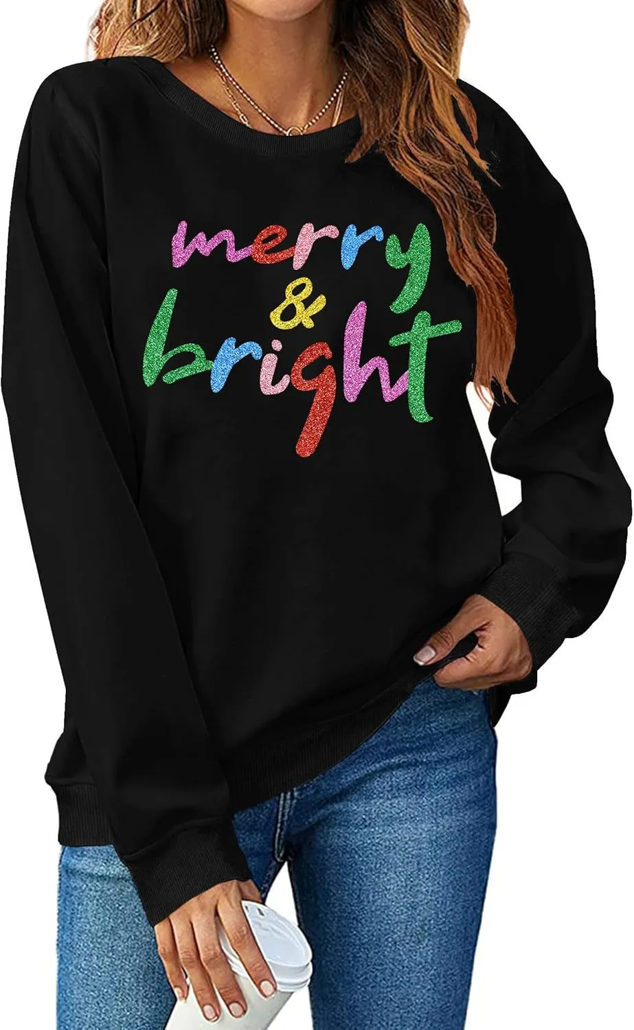 Christmas Sweatshirt Women Merry and Bright Christmas T-Shirt Funny Xmas Lights Blouse Tops Holiday Shirts