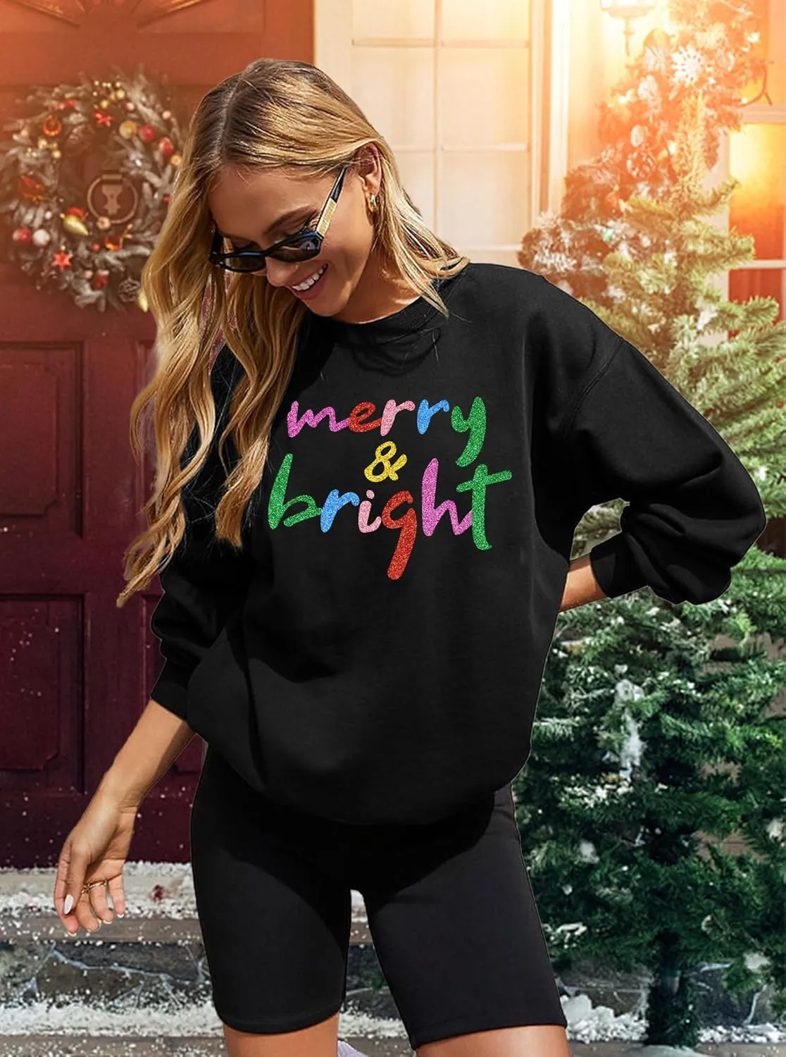 Christmas Sweatshirt Women Merry and Bright Christmas T-Shirt Funny Xmas Lights Blouse Tops Holiday Shirts
