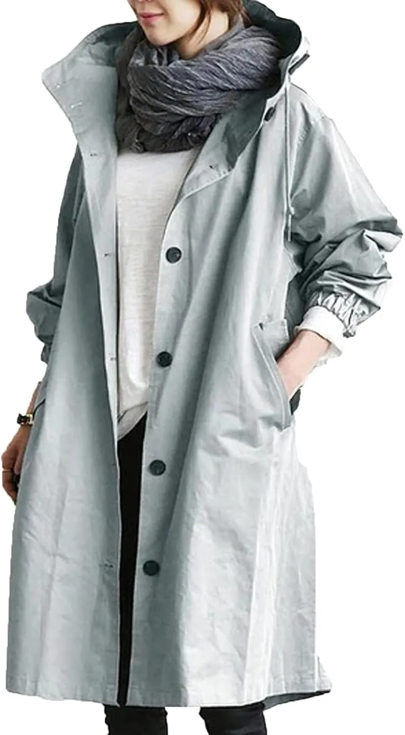 COTECRAM Women's Trench Jackets Plus Size Casual Long Rain Jacket Fashion Winter Hooded Oversized Windbreaker Coats Outerwear