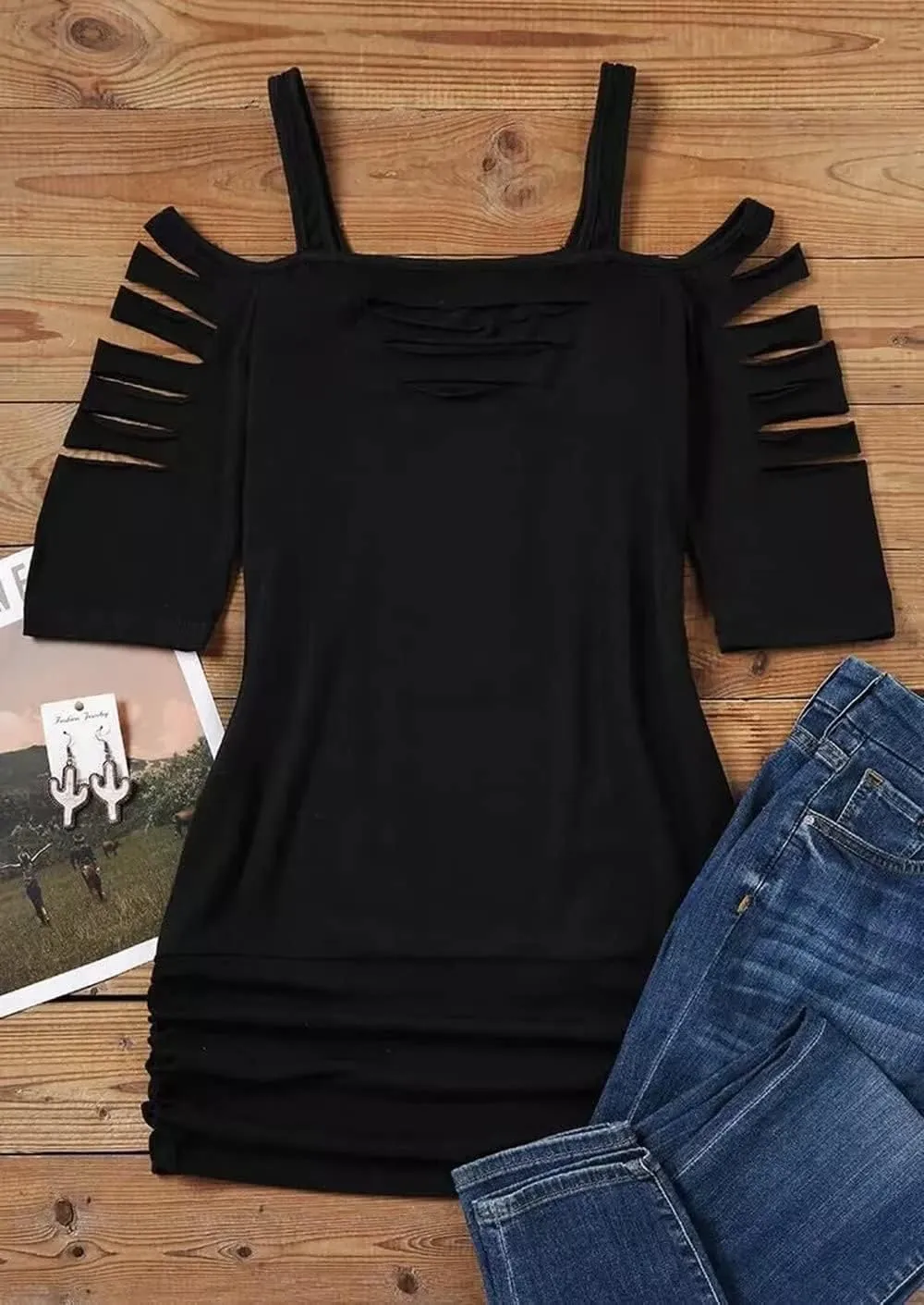 Cut Out Cold Shoulder T-Shirt Women Lacerated Sleeve Shirt Hollow Out Square Collar Casual Blouse Summer Rock Tee Tops