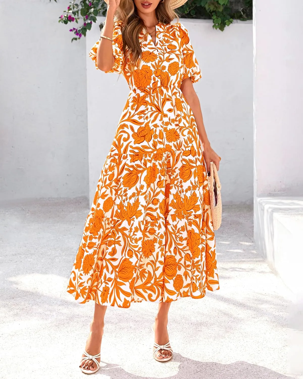 dowerme Womens Summer Dresses 2025 Casual Puff Short Sleeve V Neck Floral Boho Tiered Ruffle Maxi Dress with Pockets