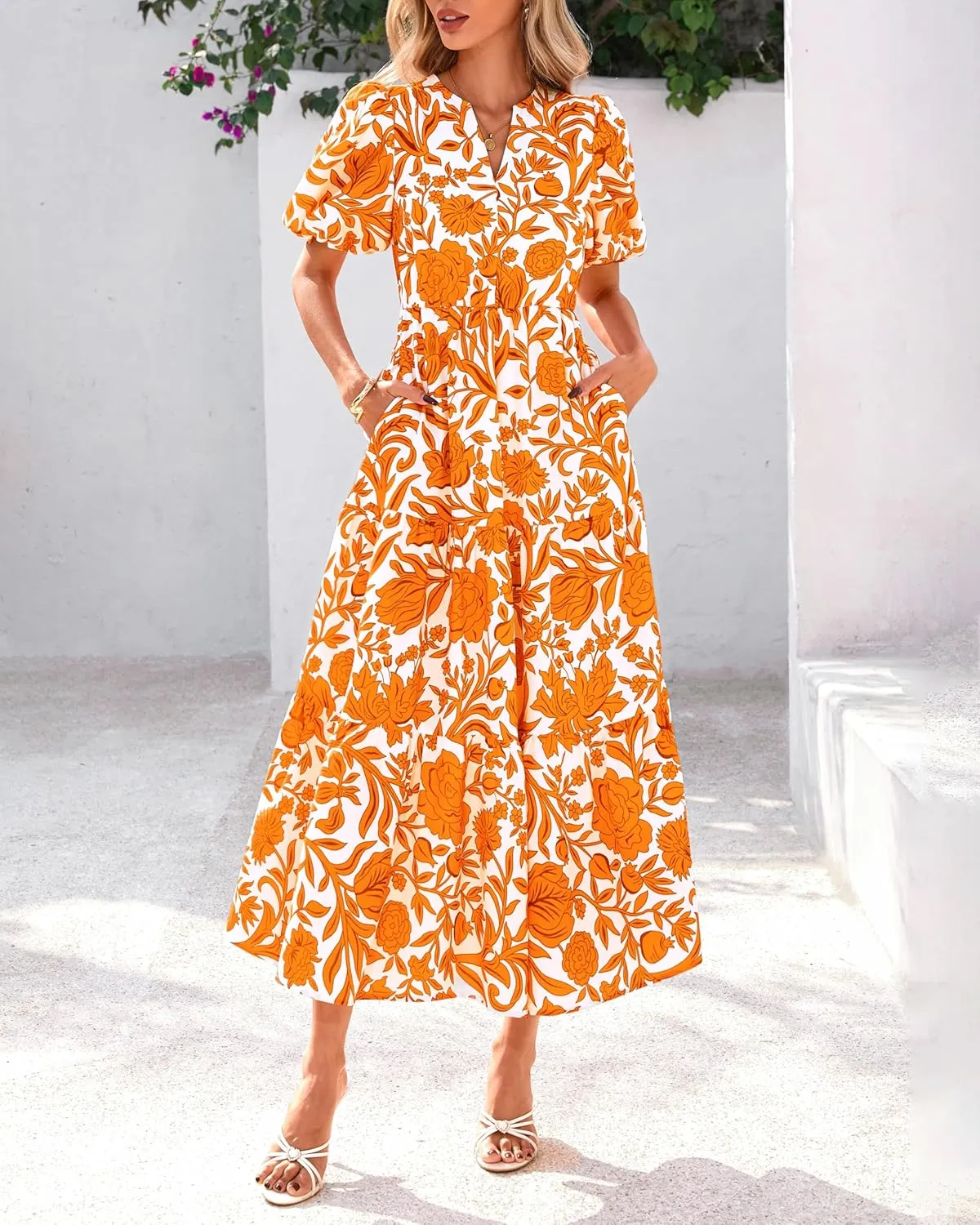 dowerme Womens Summer Dresses 2025 Casual Puff Short Sleeve V Neck Floral Boho Tiered Ruffle Maxi Dress with Pockets