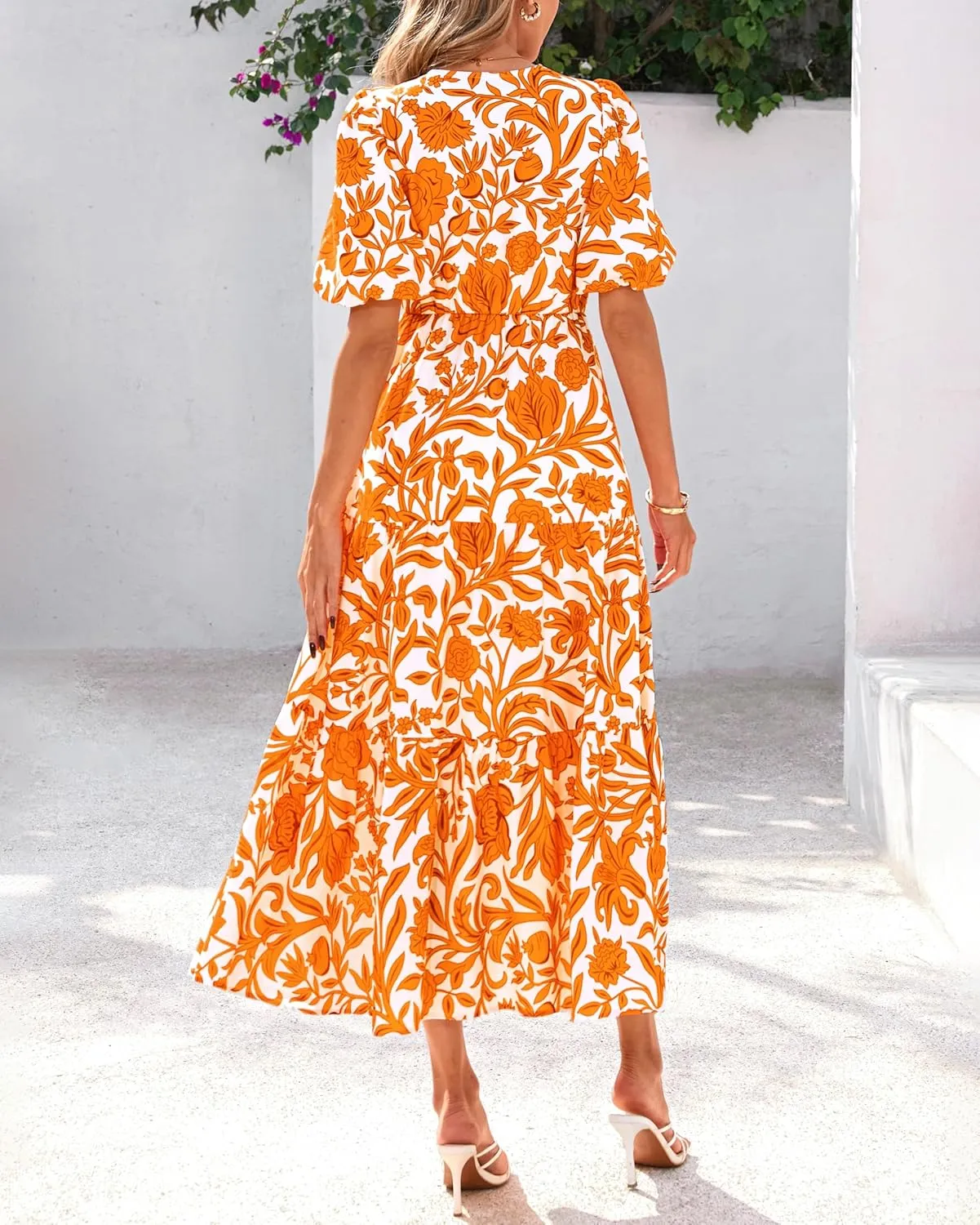 dowerme Womens Summer Dresses 2025 Casual Puff Short Sleeve V Neck Floral Boho Tiered Ruffle Maxi Dress with Pockets