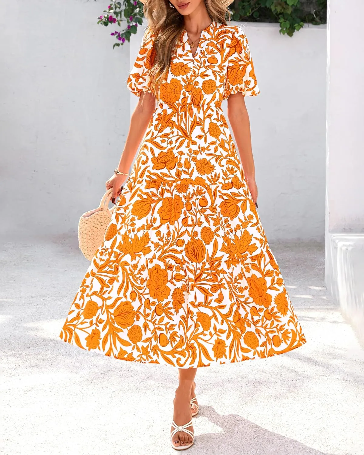 dowerme Womens Summer Dresses 2025 Casual Puff Short Sleeve V Neck Floral Boho Tiered Ruffle Maxi Dress with Pockets
