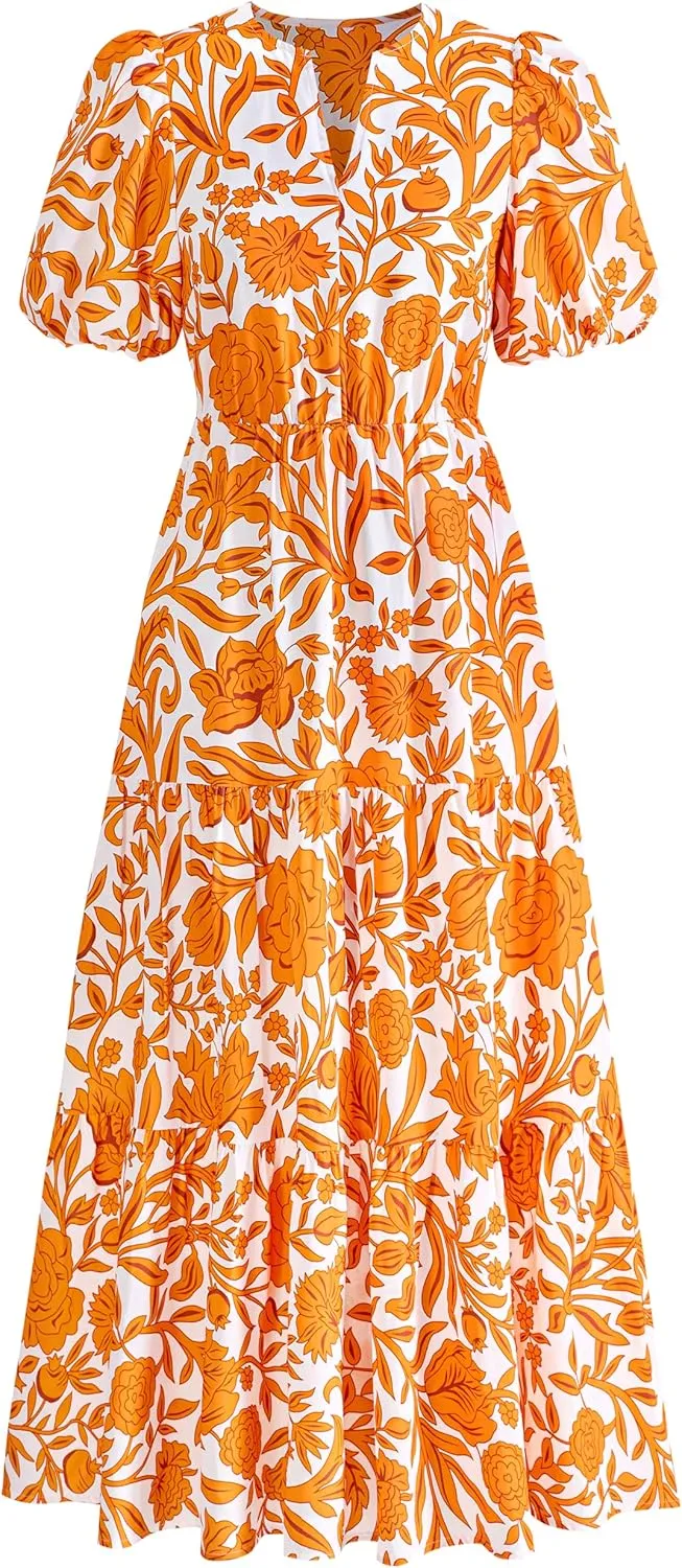 dowerme Womens Summer Dresses 2025 Casual Puff Short Sleeve V Neck Floral Boho Tiered Ruffle Maxi Dress with Pockets