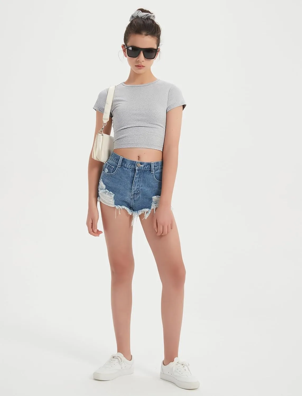 EXARUS 3 Pack Girls Cropped Slim Fit T Shirts Short Sleeve Soft Basic Crew/Mock/Square Neck Tees Side Waist Ruched Tops