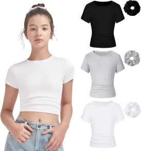 EXARUS 3 Pack Girls Cropped Slim Fit T Shirts Short Sleeve Soft Basic Crew/Mock/Square Neck Tees Side Waist Ruched Tops