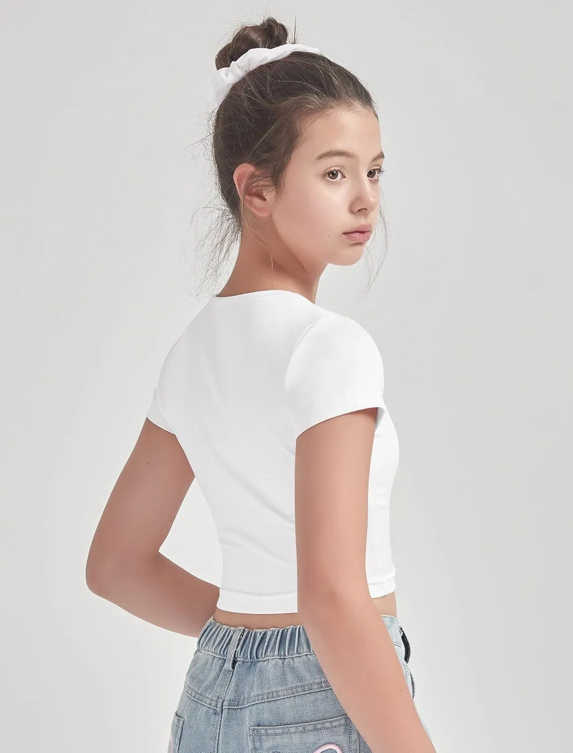 EXARUS 3 Pack Girls Cropped Slim Fit T Shirts Short Sleeve Soft Basic Crew/Mock/Square Neck Tees Side Waist Ruched Tops