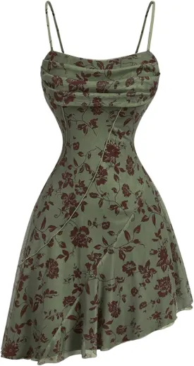 Floerns Women's Butterfly Print Ruched Beach Dress Asymmetrical Hem Cami Short Dress