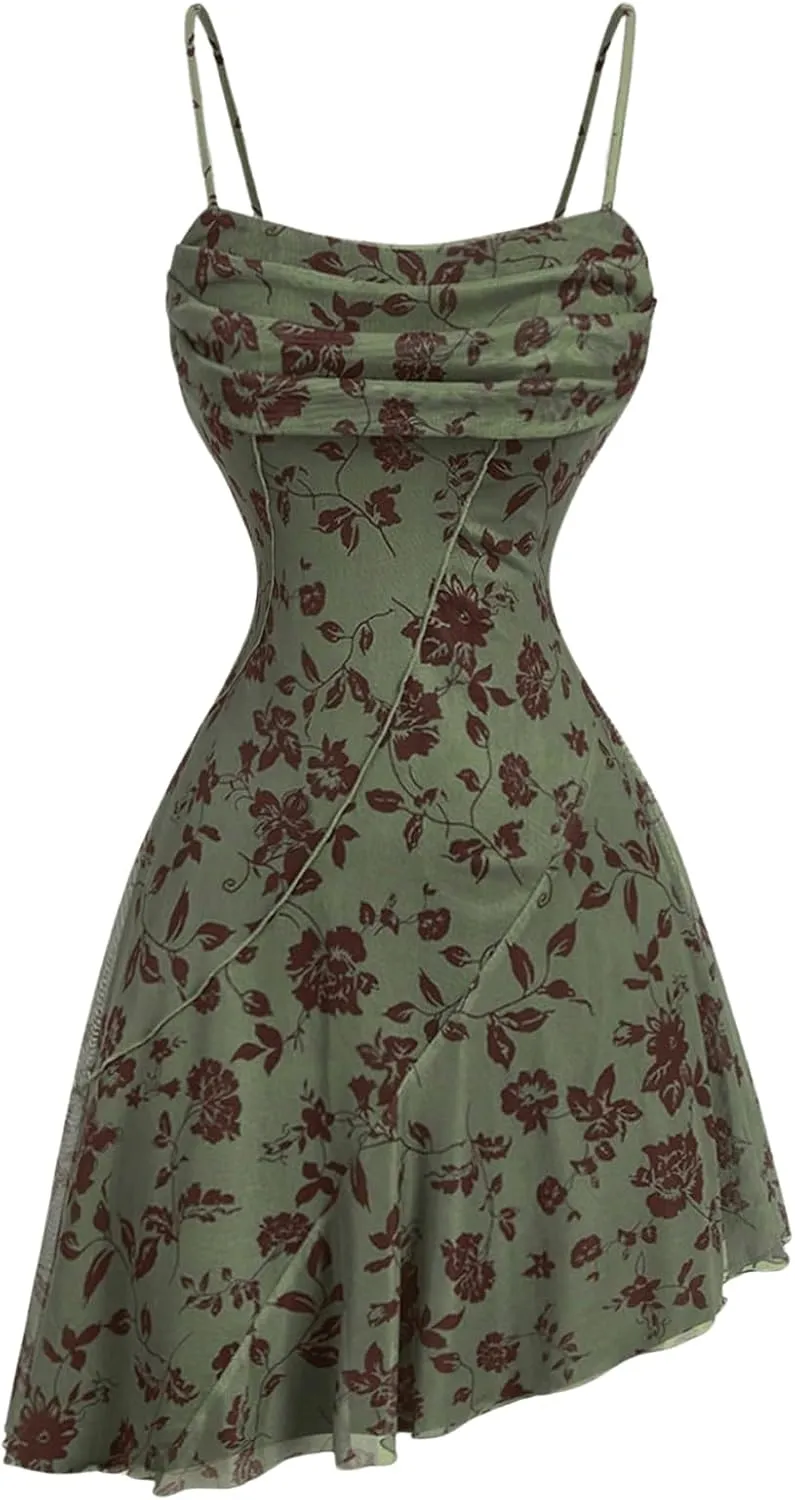 Floerns Women's Butterfly Print Ruched Beach Dress Asymmetrical Hem Cami Short Dress