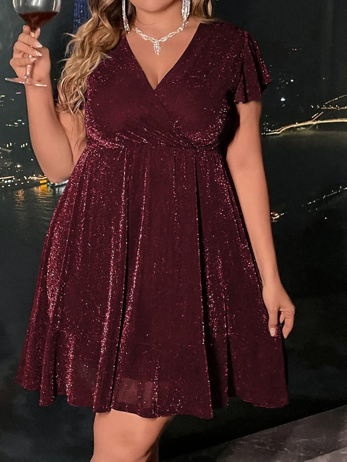 Floerns Women's Plus Size Glitter Wrap V Neck Short Sleeve Party A Line Dress