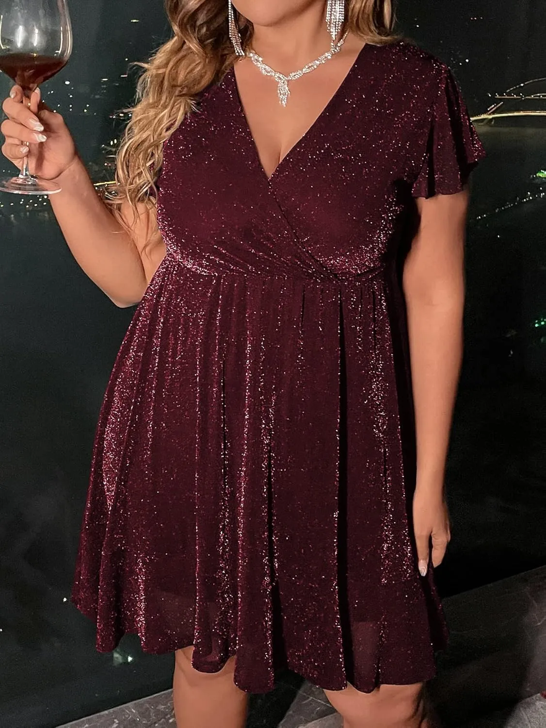 Floerns Women's Plus Size Glitter Wrap V Neck Short Sleeve Party A Line Dress