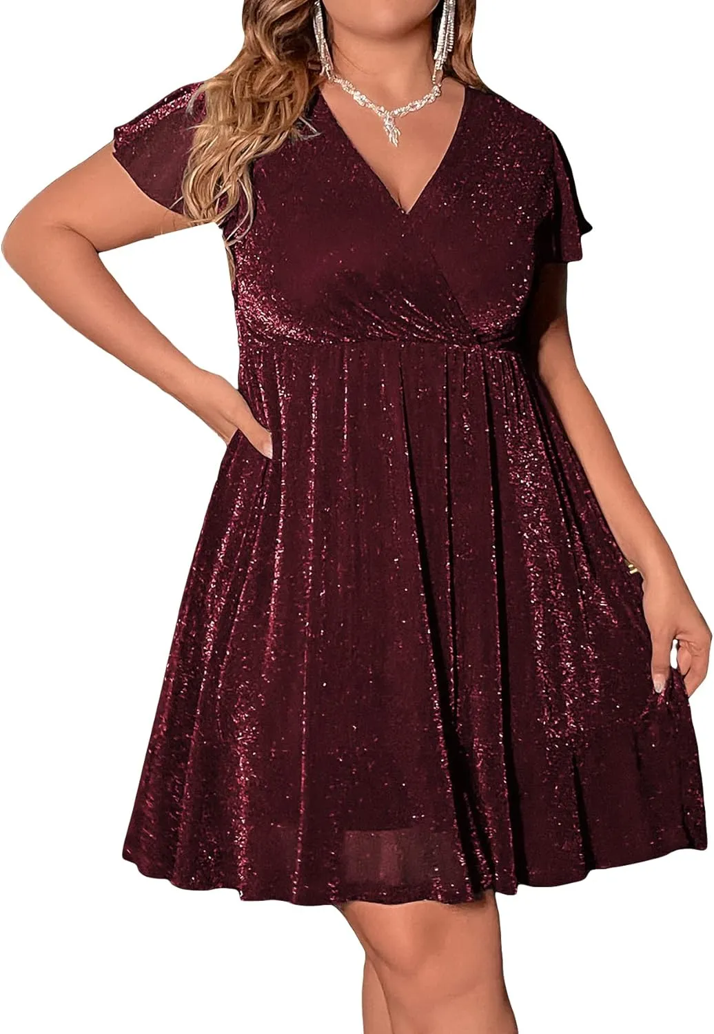 Floerns Women's Plus Size Glitter Wrap V Neck Short Sleeve Party A Line Dress