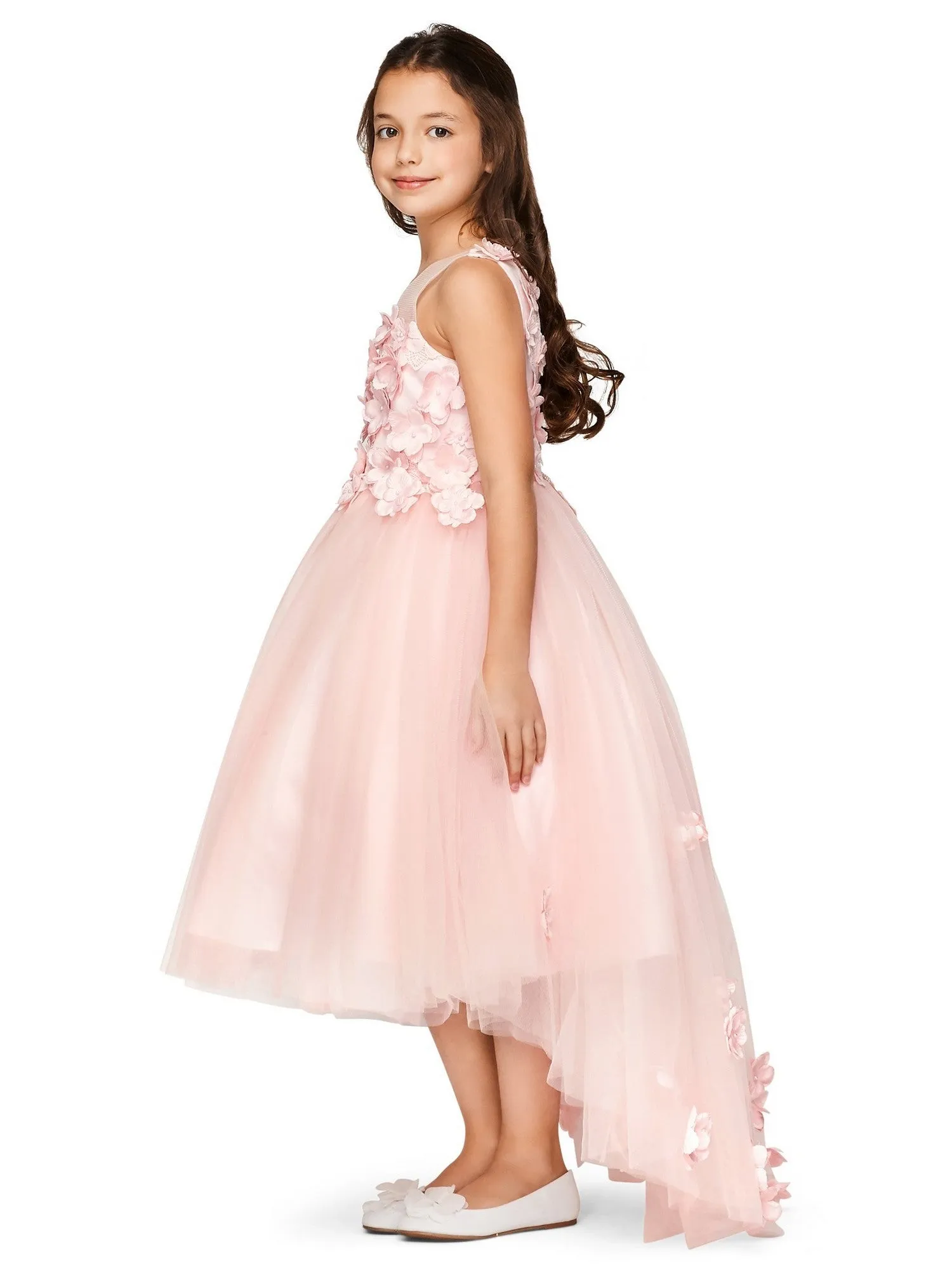 Girls Multi Color Lace 3D Flowers Pearl Trim Tulle Special Occasion Dress 2-16