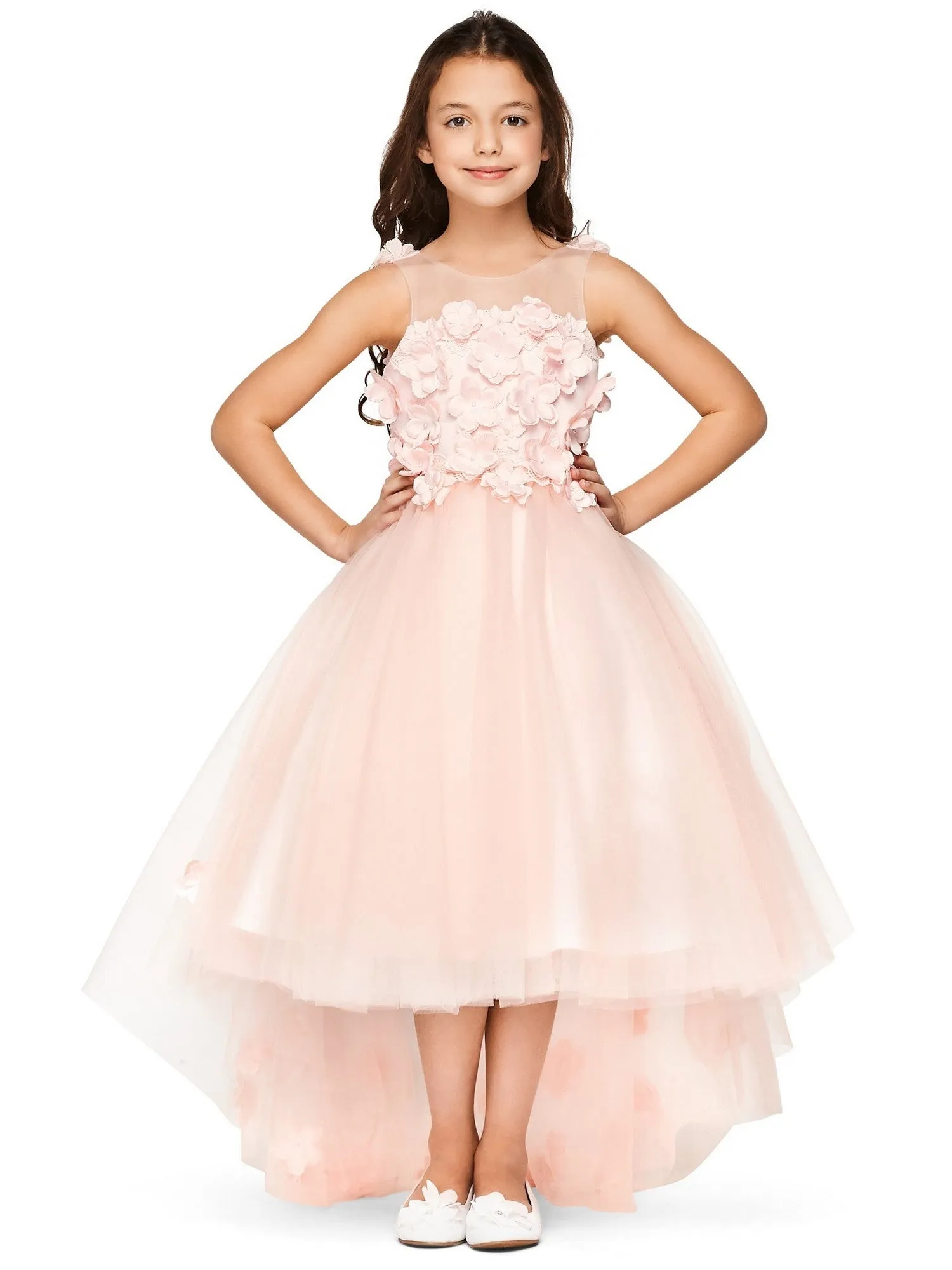Girls Multi Color Lace 3D Flowers Pearl Trim Tulle Special Occasion Dress 2-16
