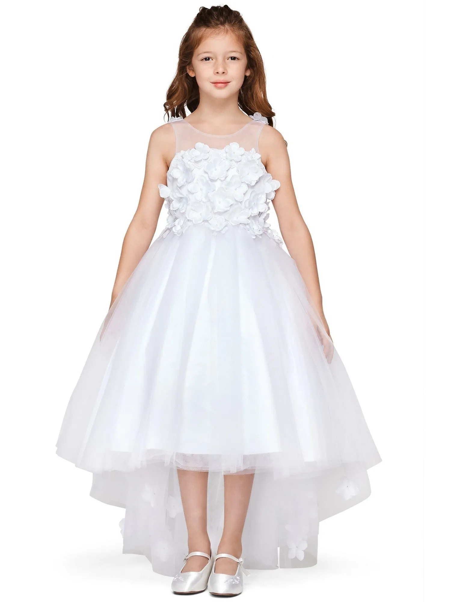 Girls Multi Color Lace 3D Flowers Pearl Trim Tulle Special Occasion Dress 2-16