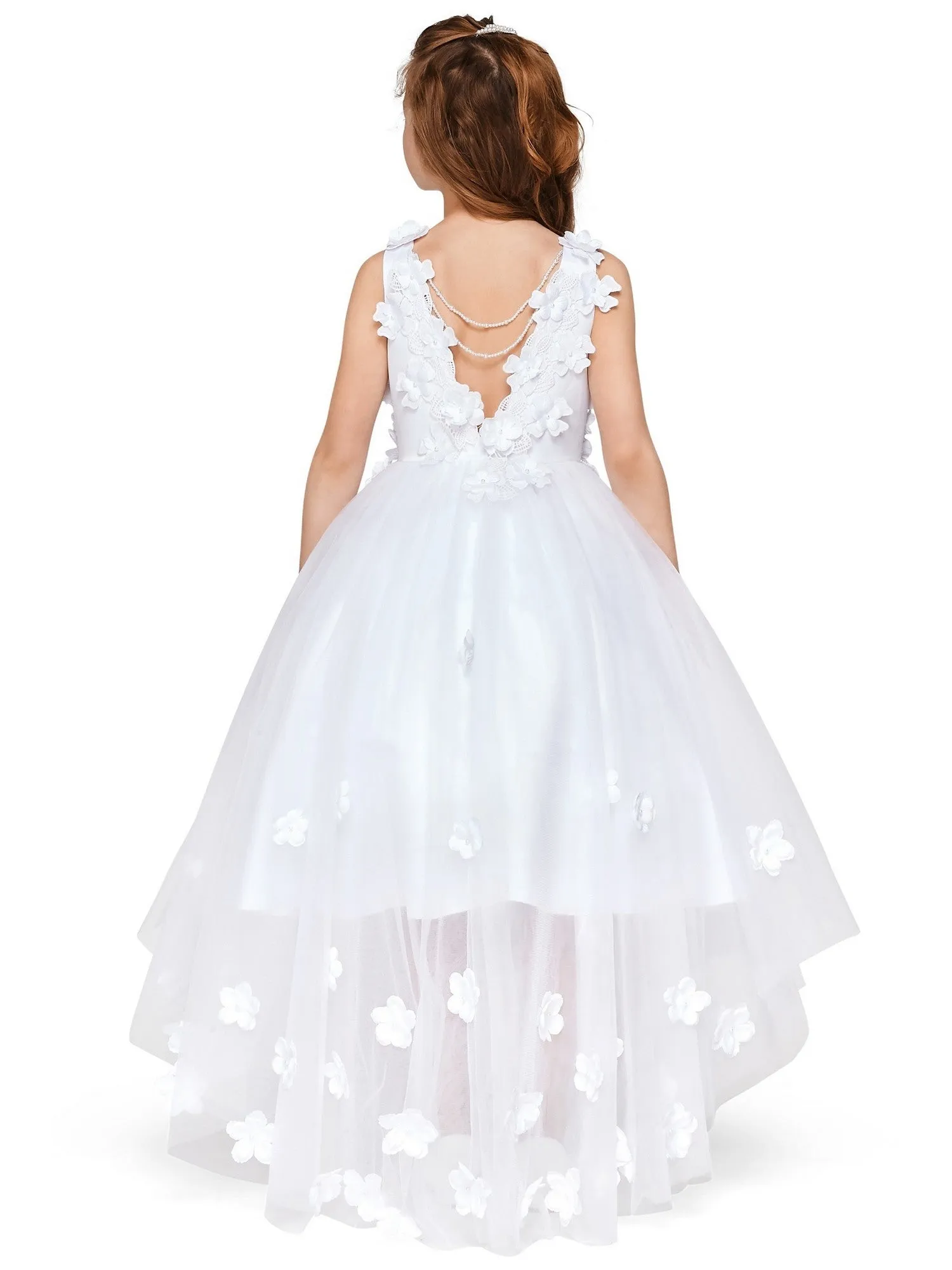 Girls Multi Color Lace 3D Flowers Pearl Trim Tulle Special Occasion Dress 2-16