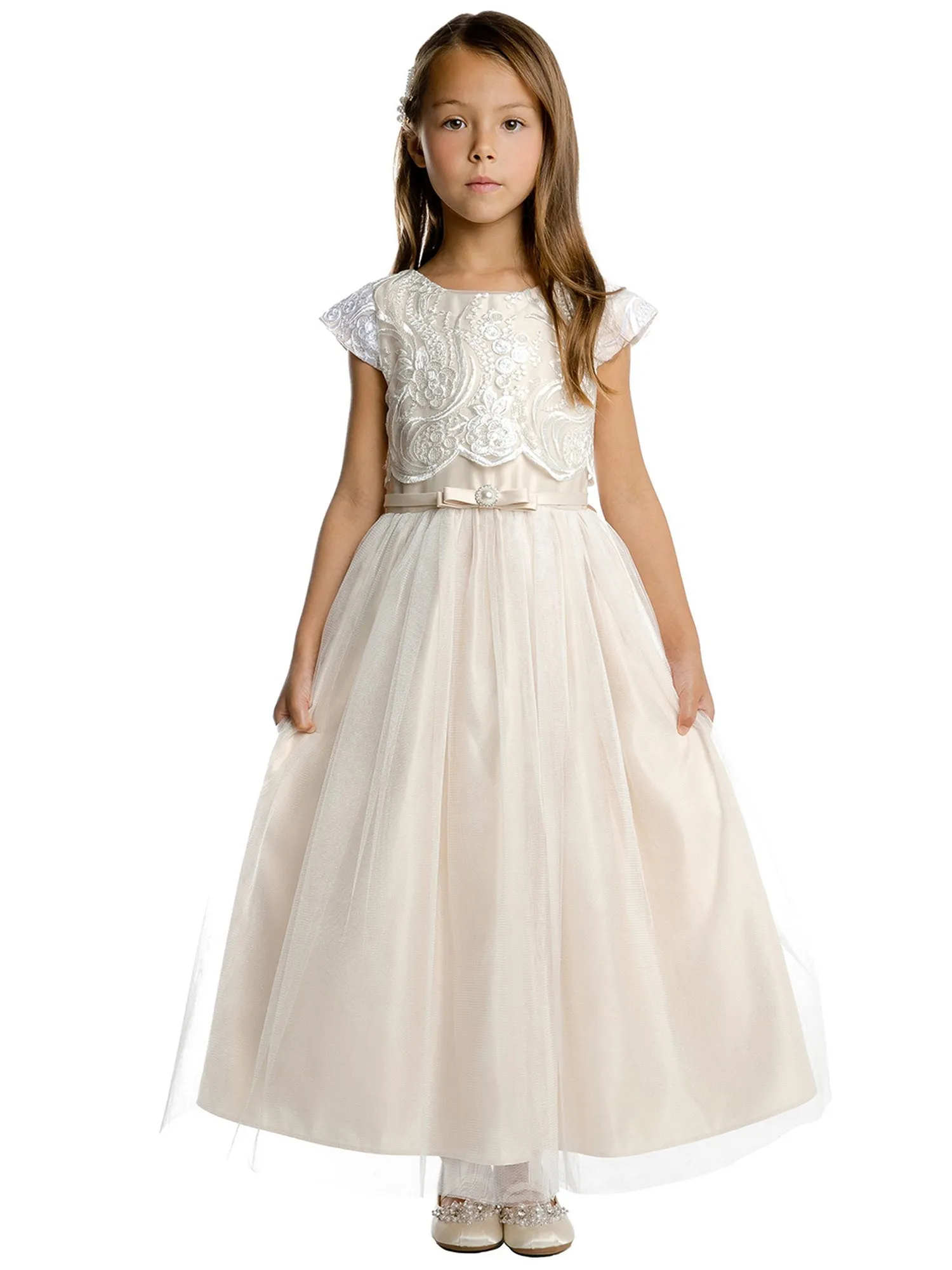 Girls Satin Tulle Dress with Lace Pop Over Top and Satin Double Bow, Sizes 2-16