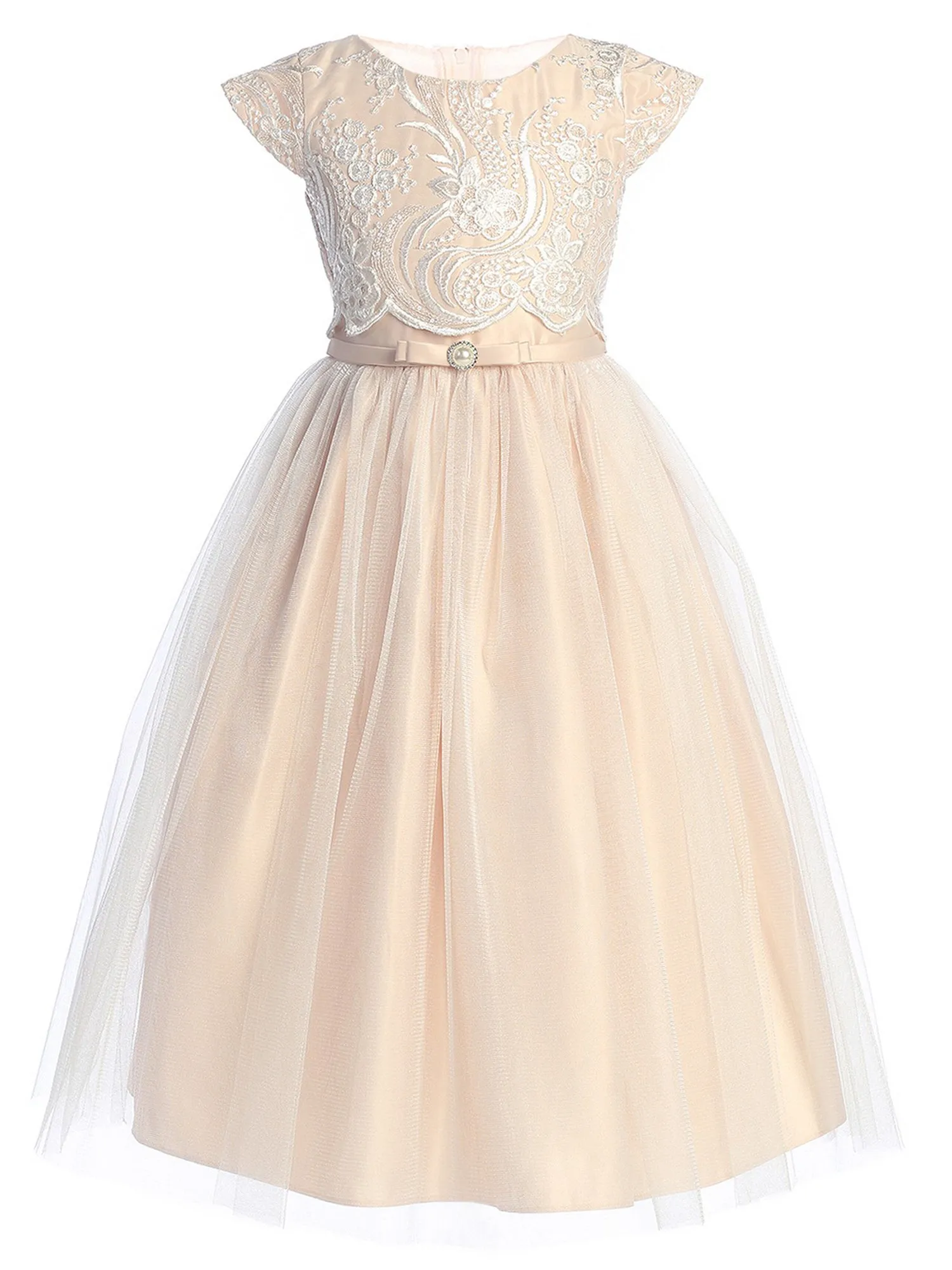 Girls Satin Tulle Dress with Lace Pop Over Top and Satin Double Bow, Sizes 2-16