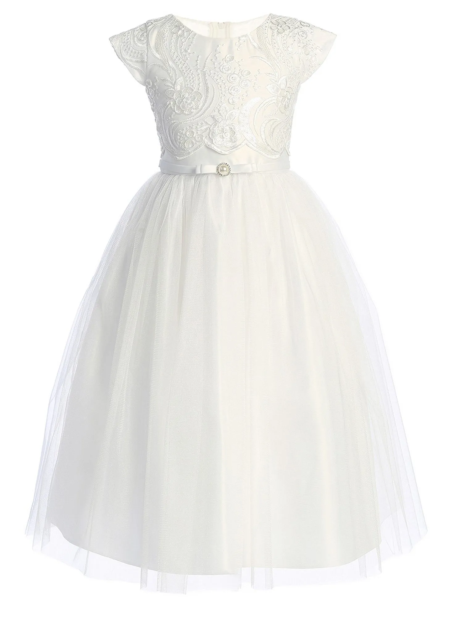 Girls Satin Tulle Dress with Lace Pop Over Top and Satin Double Bow, Sizes 2-16
