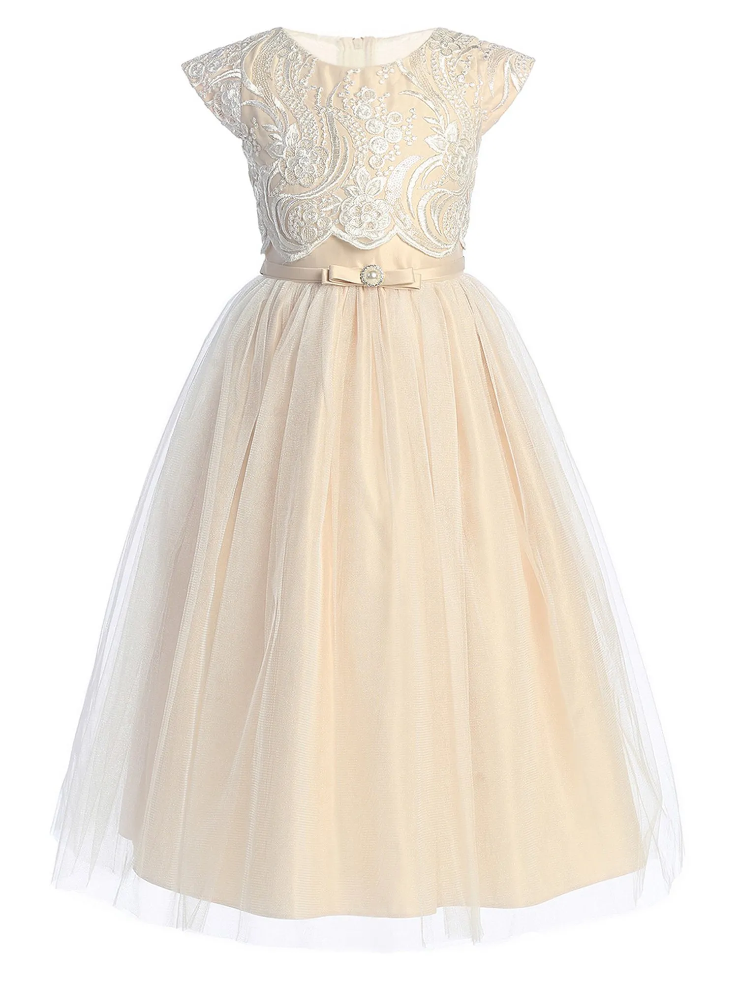 Girls Satin Tulle Dress with Lace Pop Over Top and Satin Double Bow, Sizes 2-16