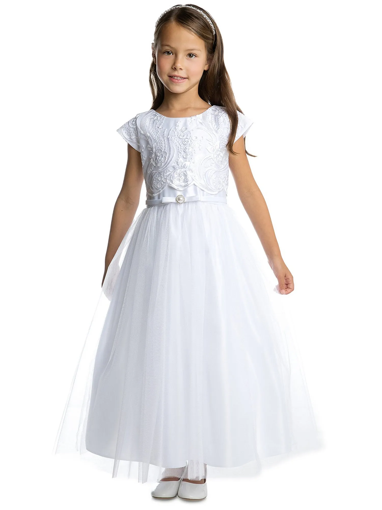 Girls Satin Tulle Dress with Lace Pop Over Top and Satin Double Bow, Sizes 2-16